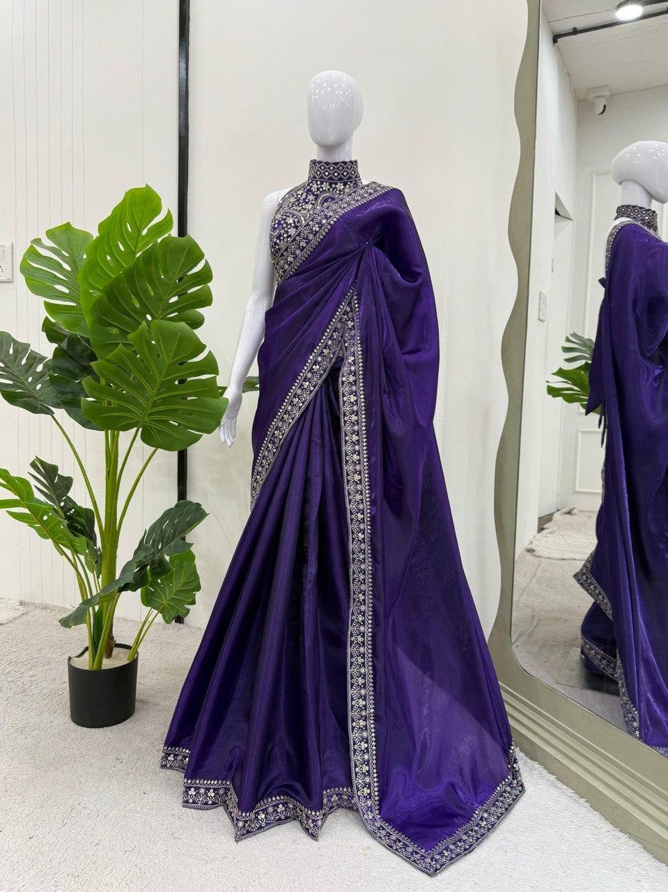 Blue Beautiful Designer Saree on Jimmy Chu Fabric with Thread & Sequence work For Women
