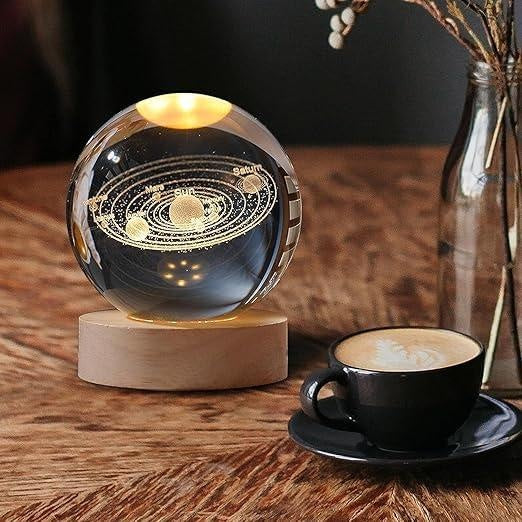 3D Crystal Ball LED Night Lamp with Wooden Base – Galaxy Design
