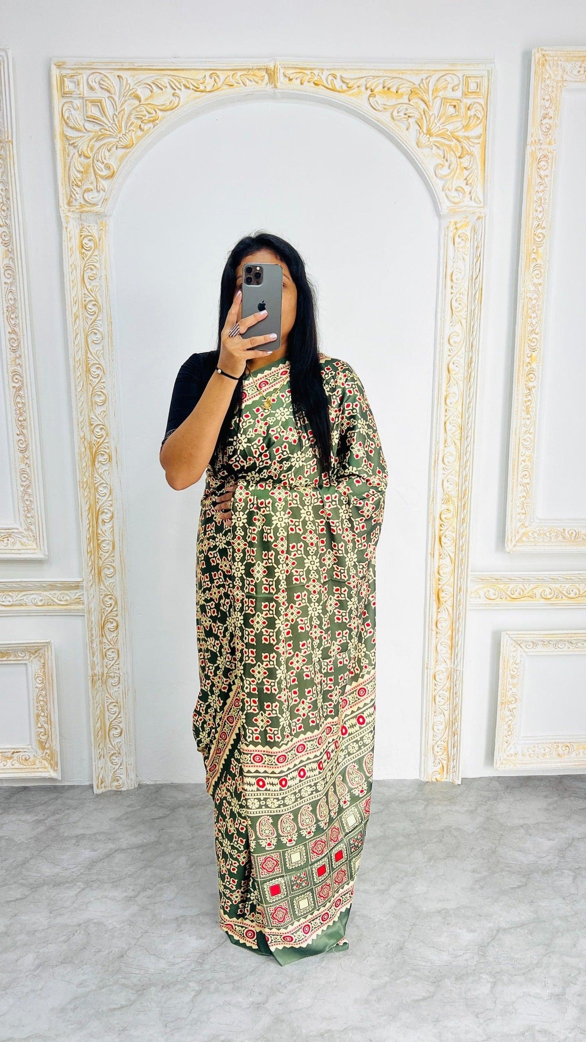 Dark Green Ajrakh Primum Modal Silk Saree With Blouse For Women