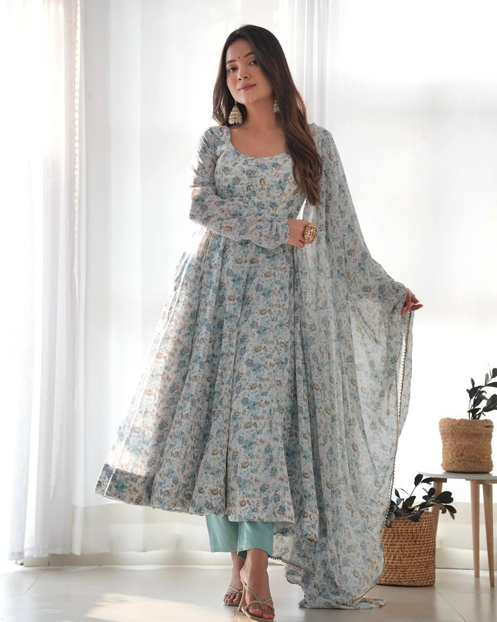 Sky Blue Heavy Orange Chiffon Floral Print Salwar Suit