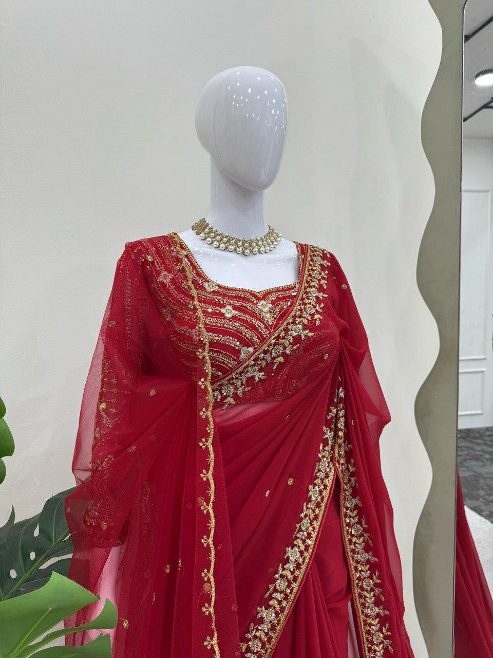 Beautiful Red Designer Saree on Faux Georgette Fabric with Thread & Sequence Work For Women