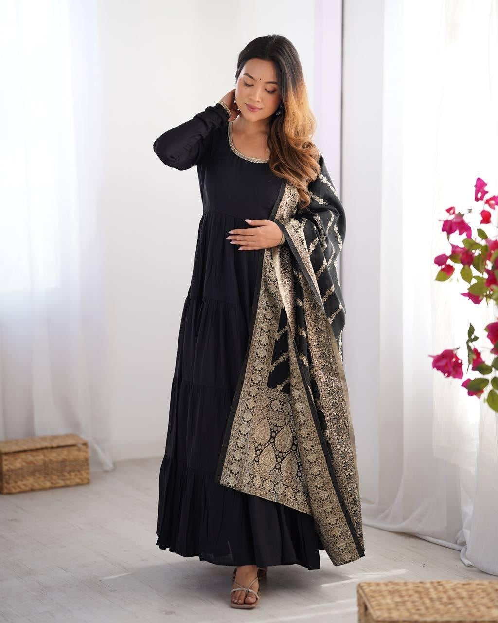 Black Chanderi Silk Full Churidar Sleeves Lace Work Anarkali Salwar Suit
