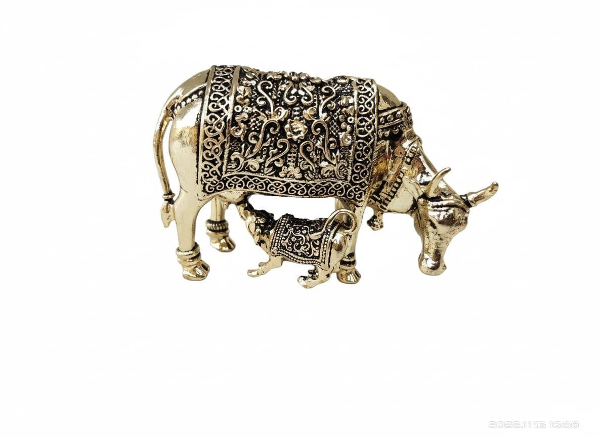 3 Inch Brass Kamdhenu Cow with Baby | Nandi Sculpture