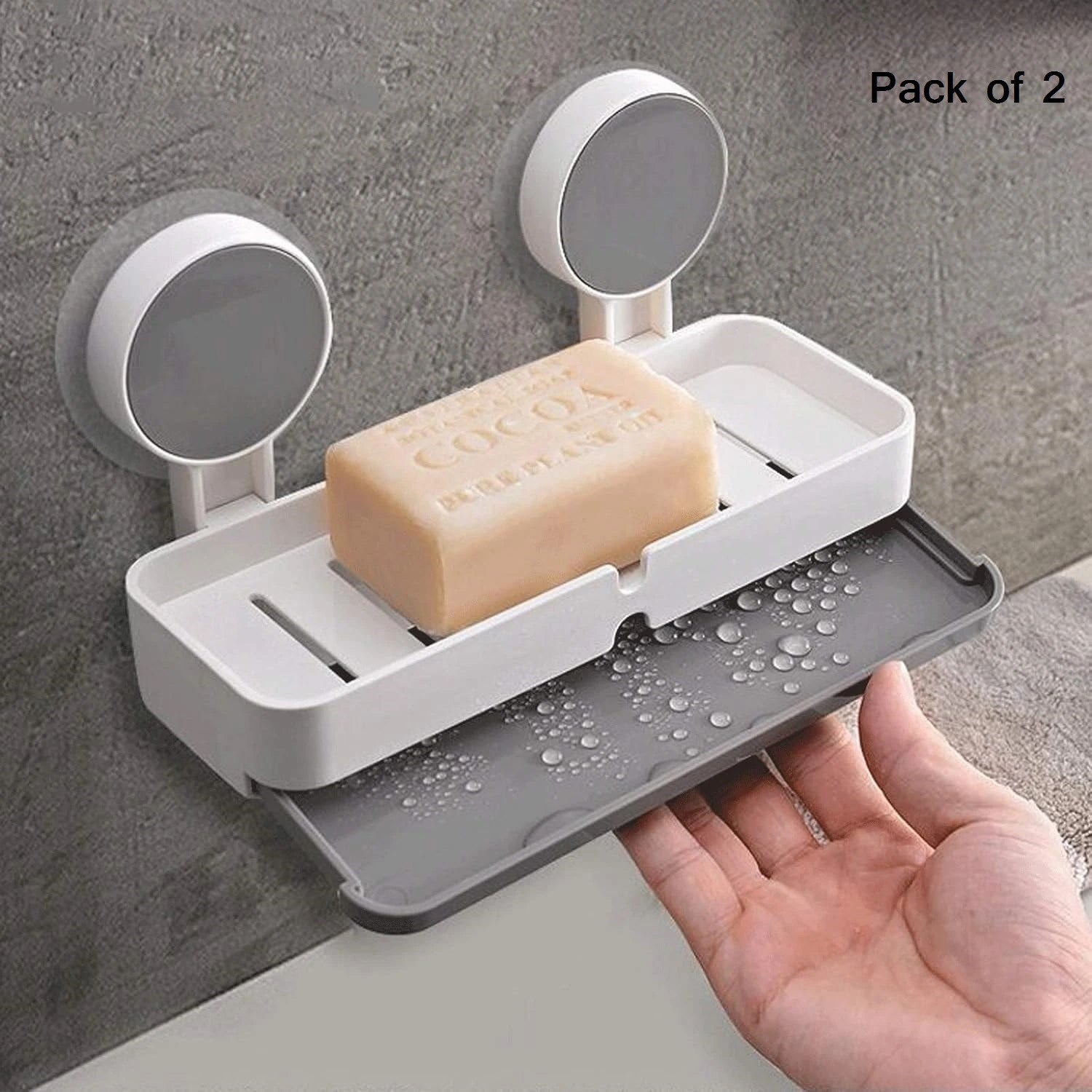 (Pack of 2) Wall Mounted Double Soap Dish Holder with Drain Tray – Self Adhesive Bathroom Soap Stand