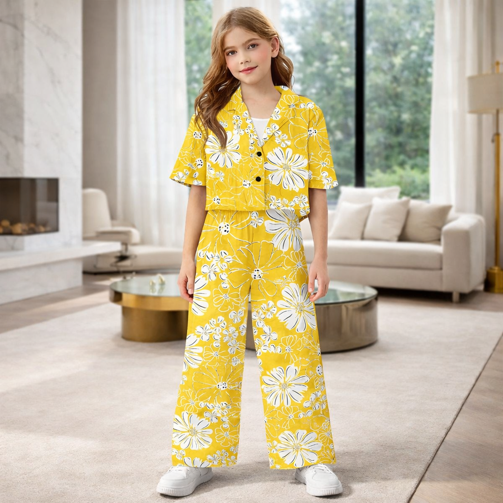 Girls Yellow Floral Printed Shirt & Wide Leg Pants Co-Ord Set