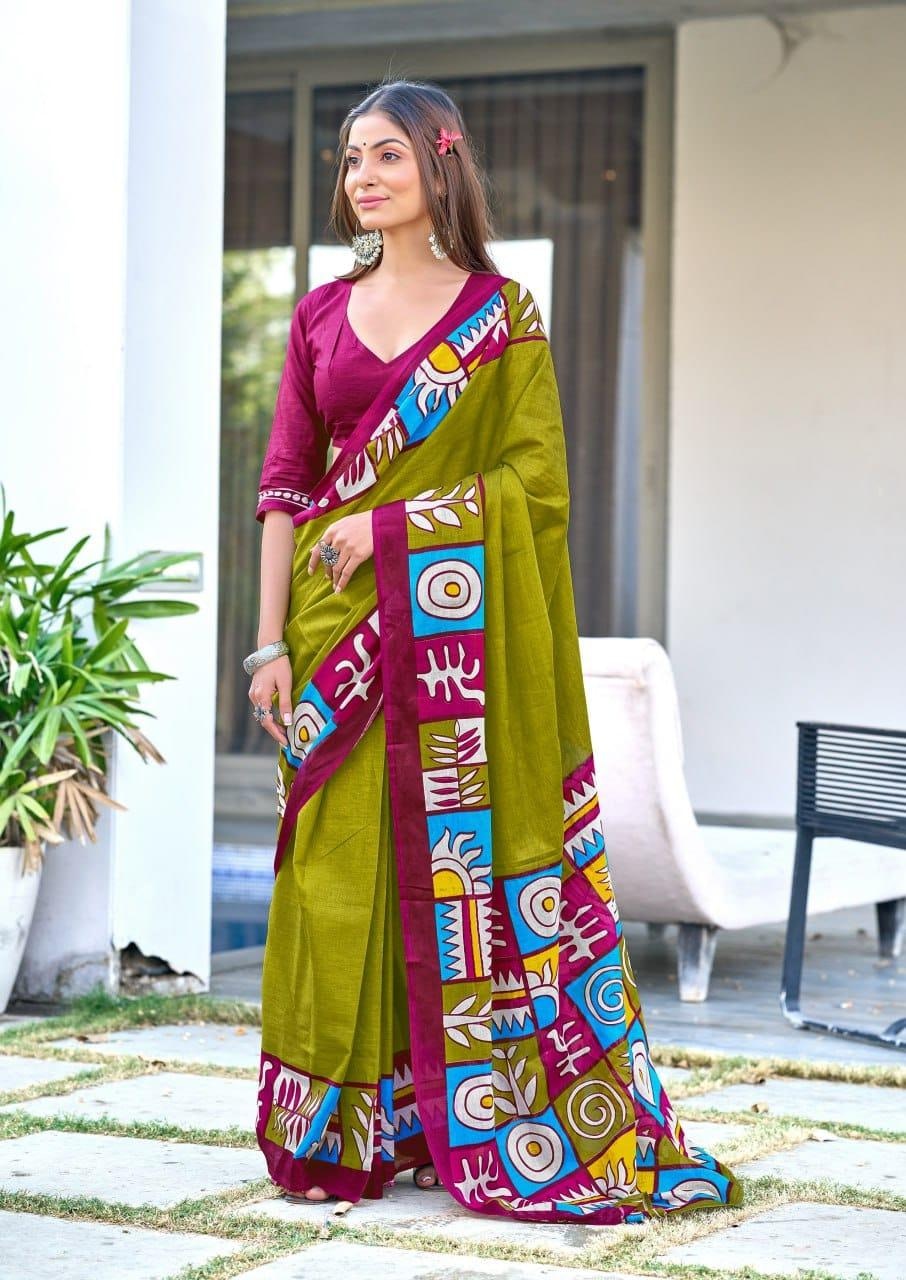 Mehendi Designer Soft Cotton Saree For Women