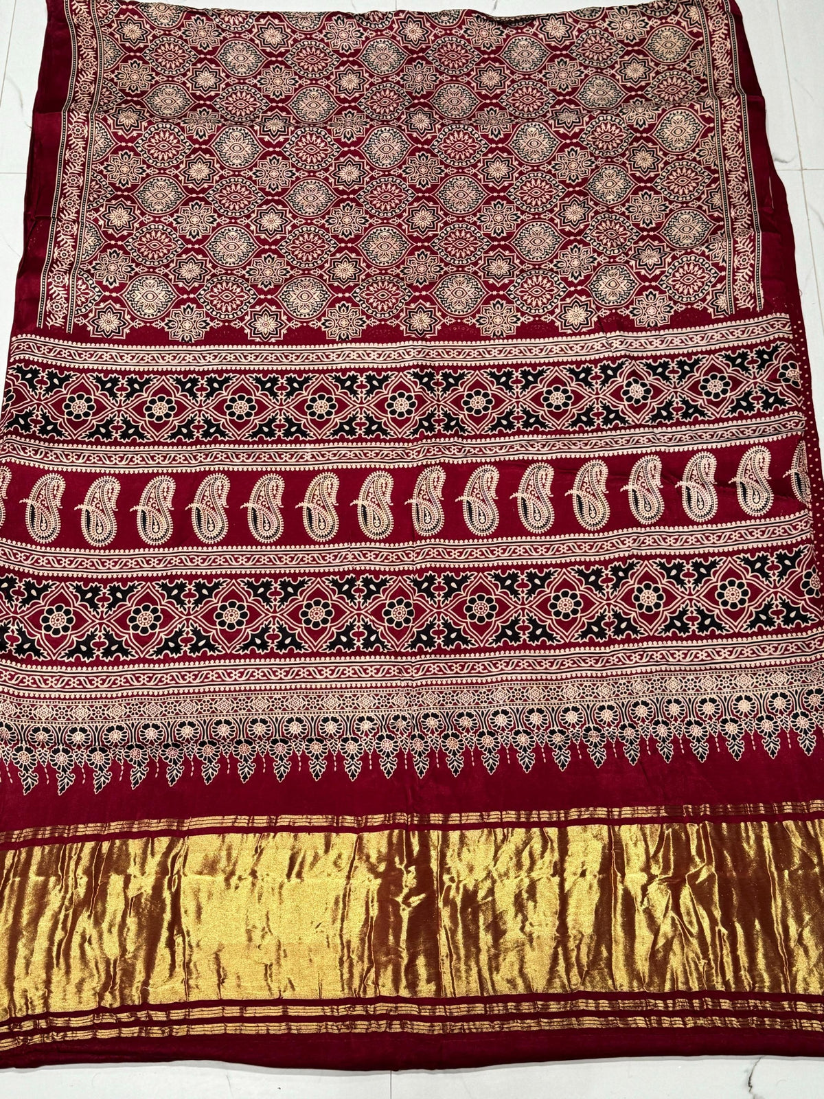 Maroon Ajrakh Hand Block Modal Silk Saree With Zari Pallu A2 For Women