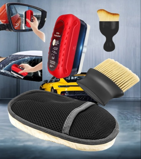 Car Glass Oil Film Cleaner Brush Combo Kit with Detailing Brushes & Microfiber Pad – Windshield & Mirror Cleaning Set