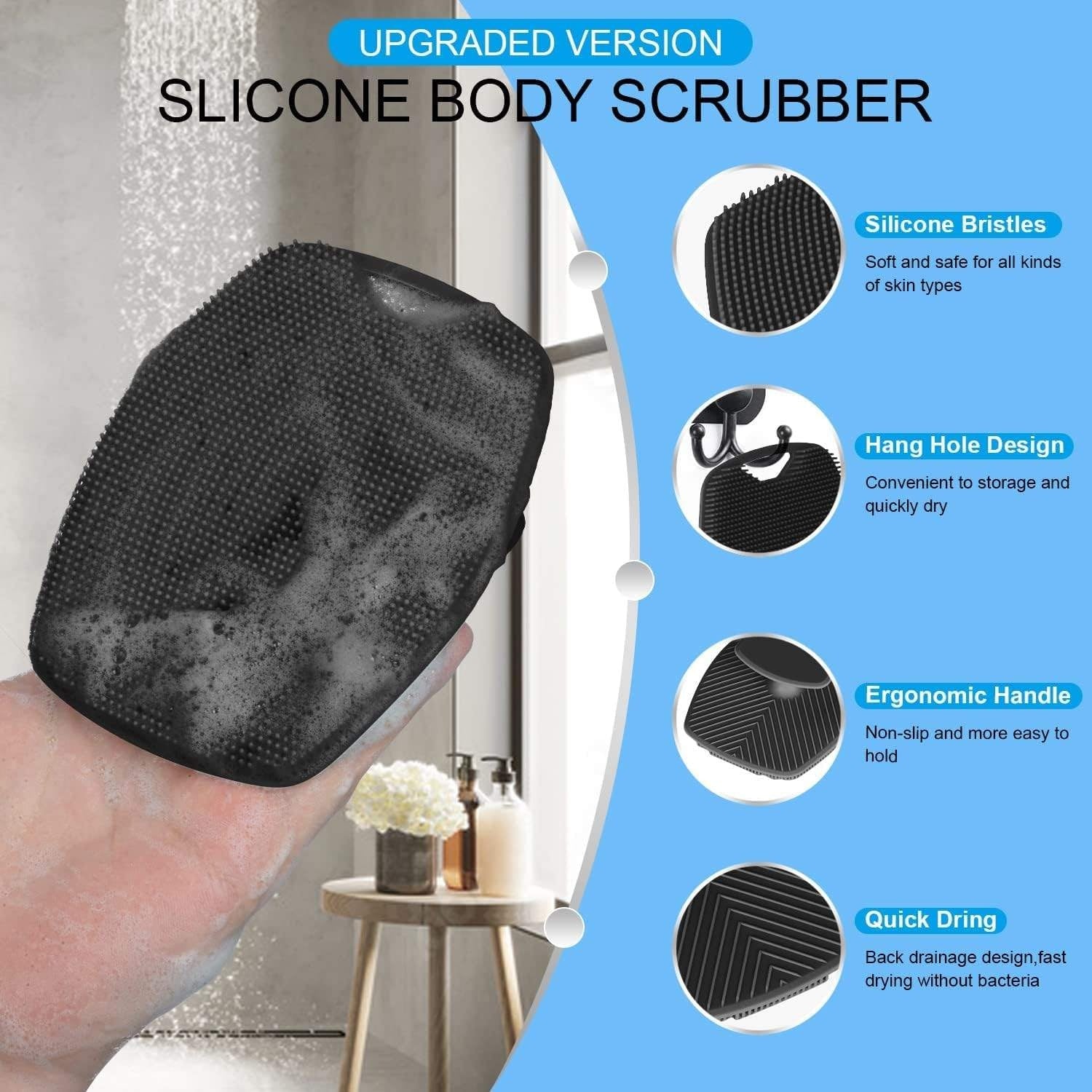 (Pack of 2) Silicone Body Scrubber & Exfoliating Bath Pad  | Anti-Slip Back Scrubber for Shower | Deep Cleansing & Massage Skin Brush