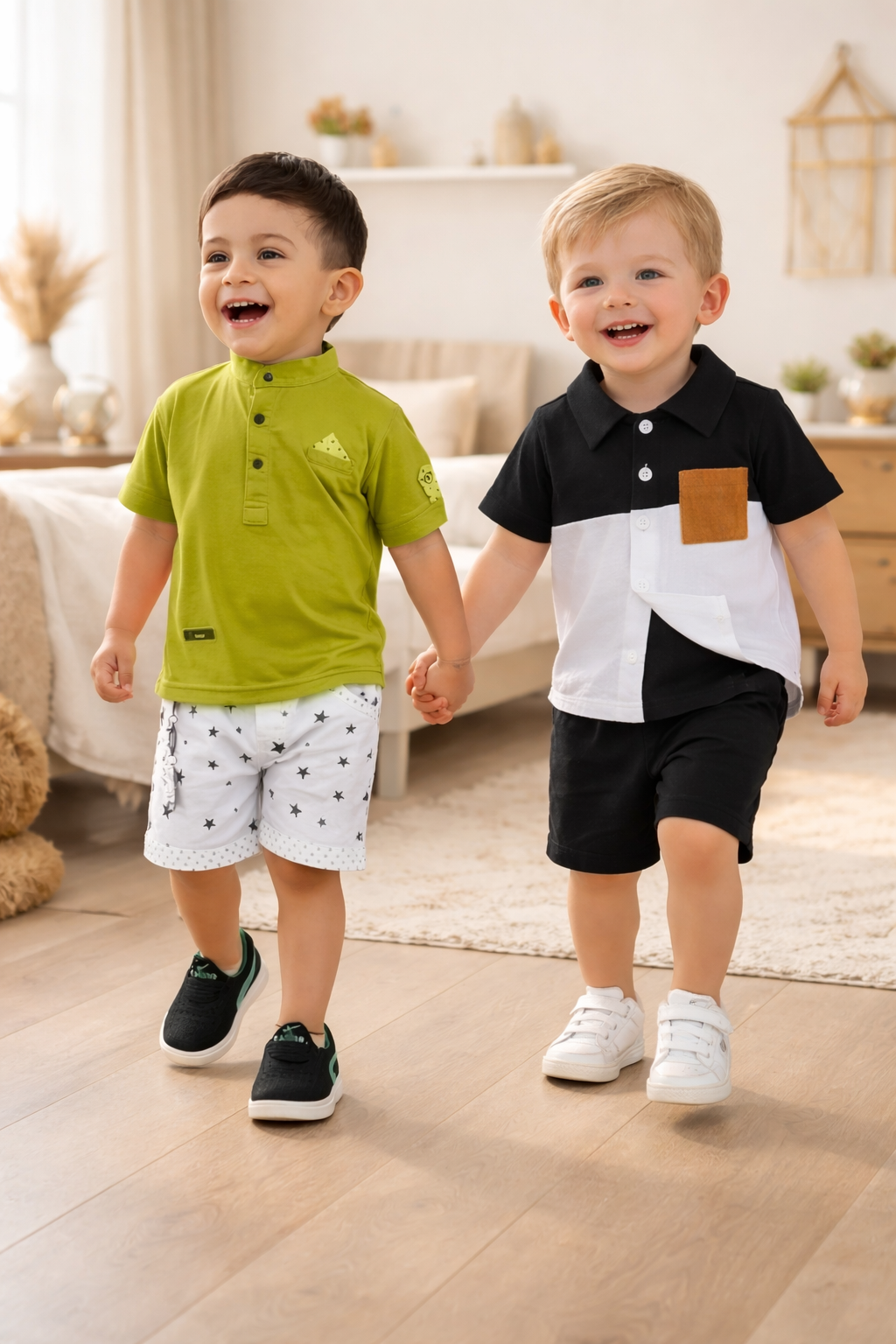 Cute Toddler Boys Polo T-Shirt & Color Block Shirt with Shorts Combo Set (Pack of 2)