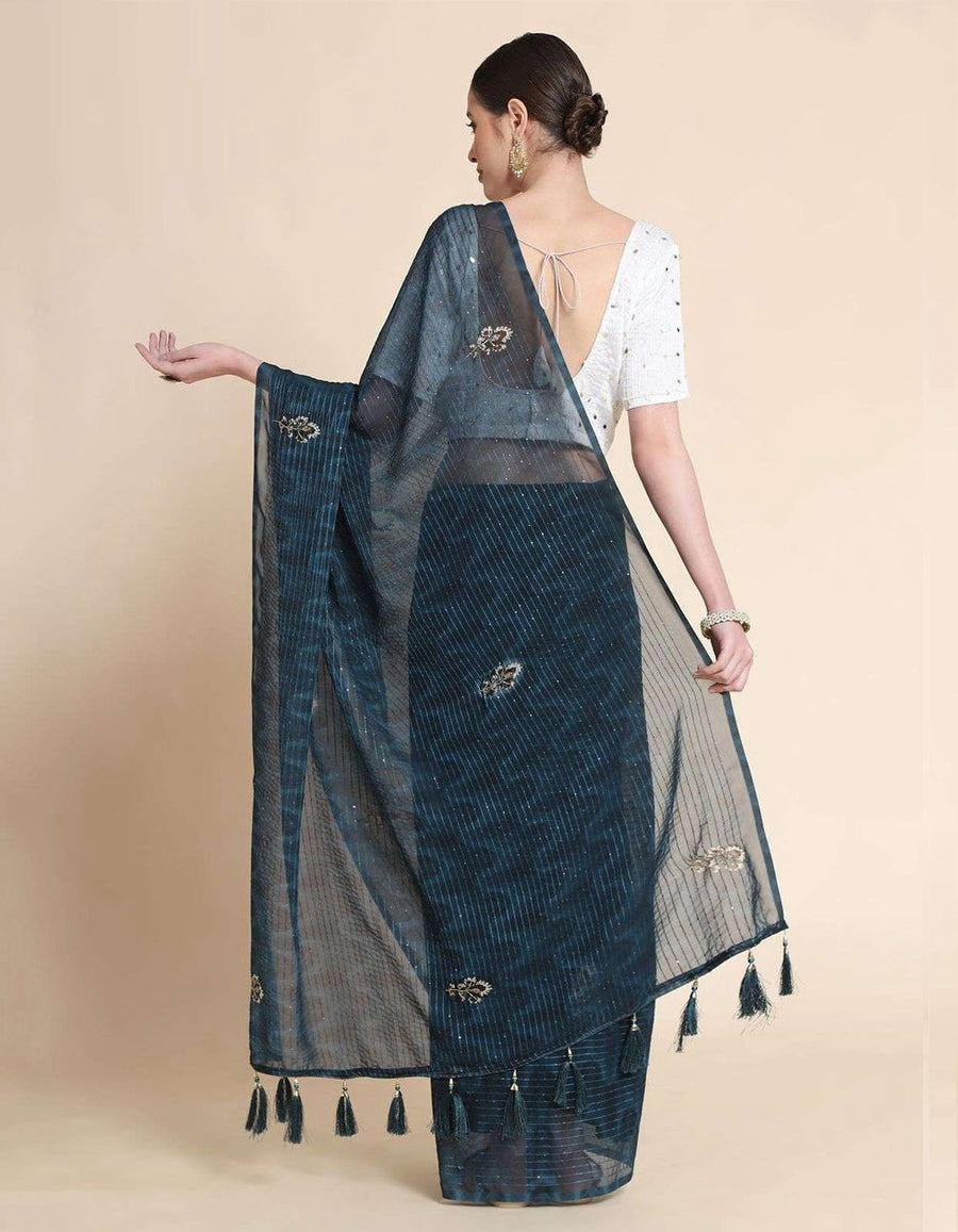 Blue Sequence Work Saree For Women