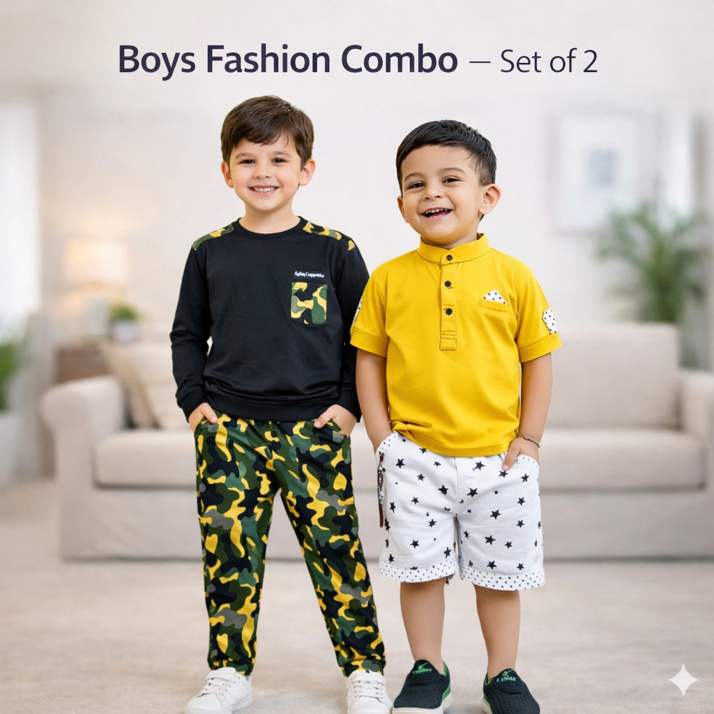 Froquiliz Boys Stylish Combo Pack Camouflage Jogger Set & Yellow Polo Shorts (Set of 2)