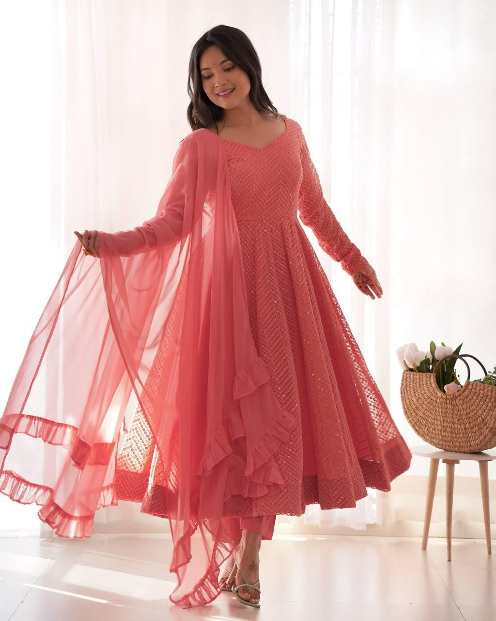 Peach Georgette Lukhnowi Sequence Work Anarkali Salwar Suit