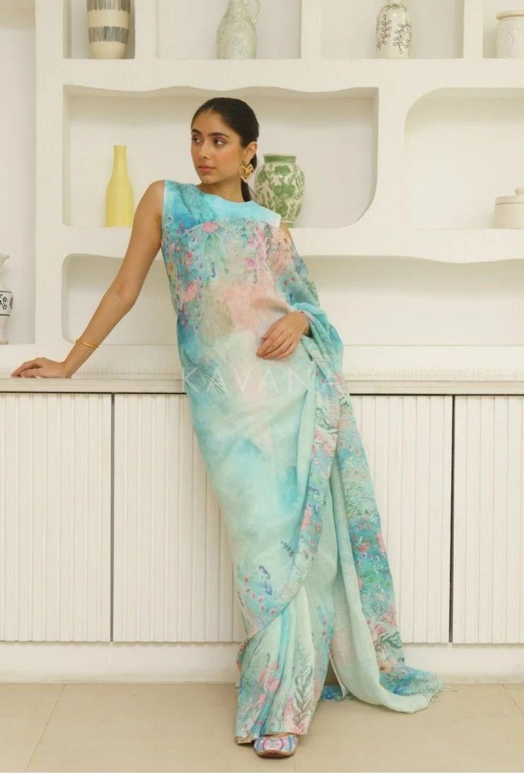 Sky Blue Plain Linen Digital Print Saree with Blouse For Women