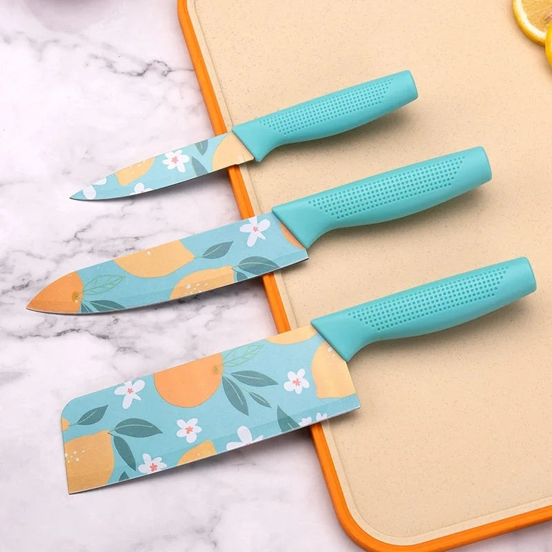 3pcs Mint Blue Floral Printing Fruit Knife Stainless Steel