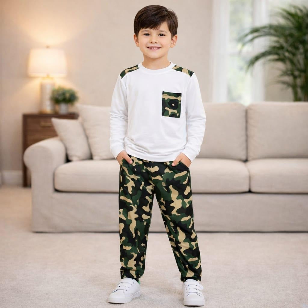 White & Olive Green Camo Print Full Sleeve Co-ord Set for Boys