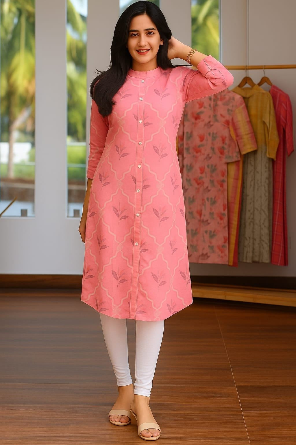 Pink Trendy Printed Straight Kurti For Women