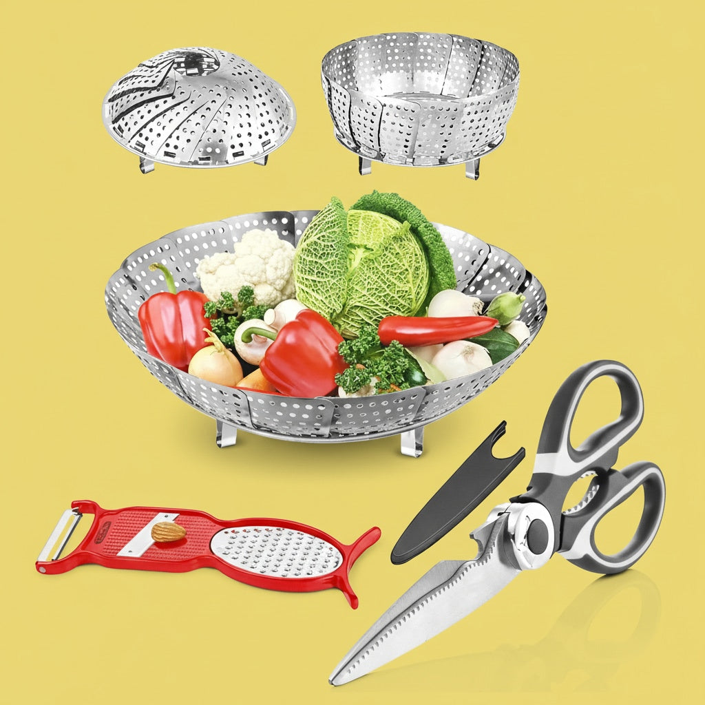 3-in-1 Kitchen Tools Combo – Stainless Steel Steamer Basket + 4-in-1 Peeler & Grater + Heavy-Duty Kitchen Scissors Set