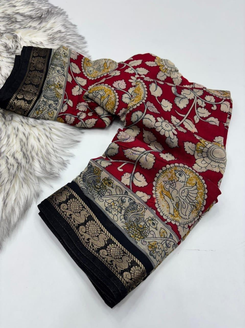 New Pure Red Mangalkari Viscouse Silk Print n Weaving Work Fancy Designer Festive Wear Saree  For Women