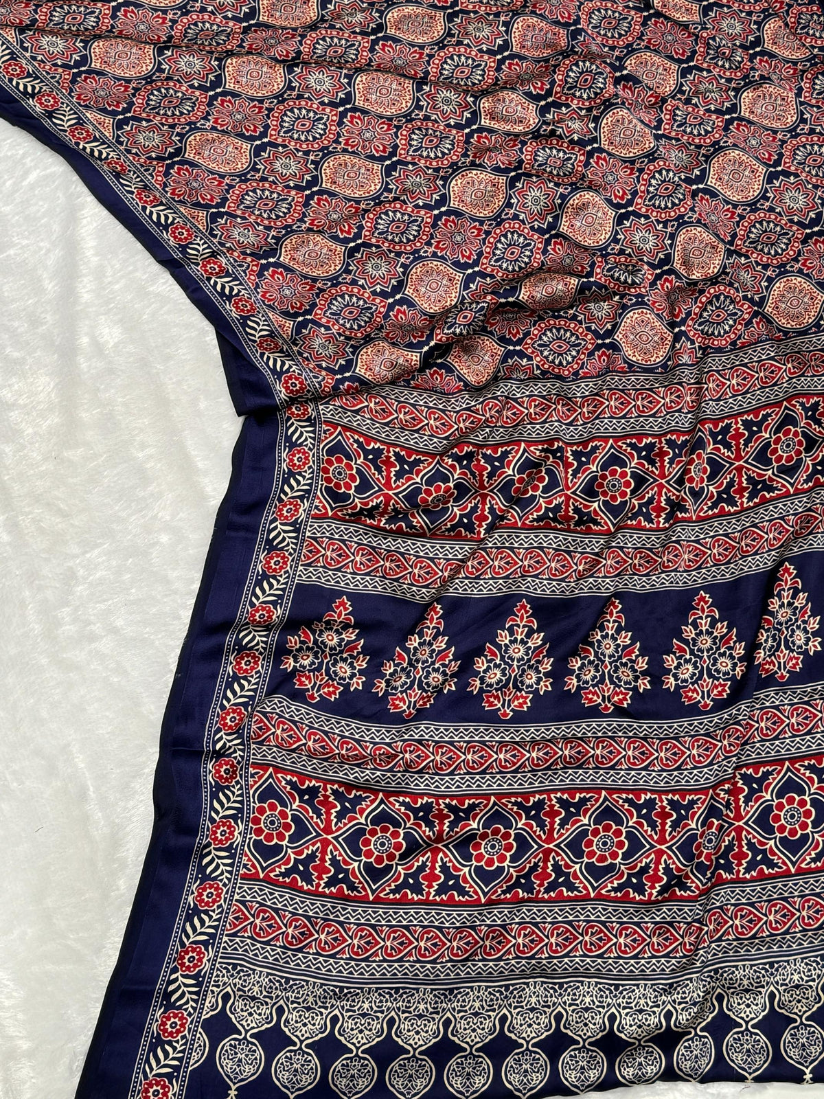 Blue Ajrakh Printed Soft Modal Silk Natural Print Saree P2 For Women