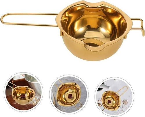 Golden Stainless Steel Melting Bowl – Cheese, Butter, Chocolate & Caramel Pot with Handle and Pouring Spout