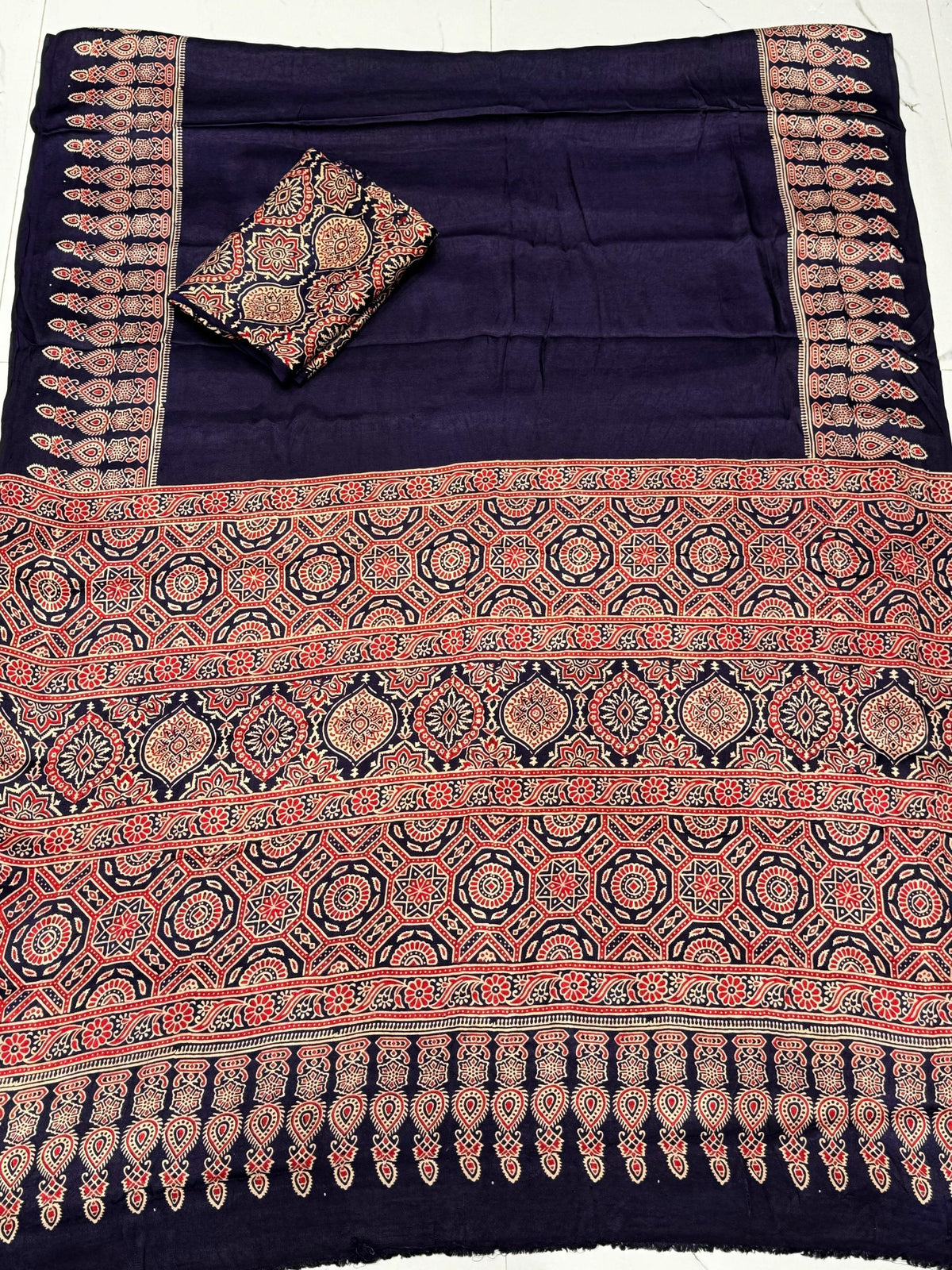 Blue Ajrakh Hand Block Modal Silk Saree With Fancy Ajrakh Pallu and Border For Women