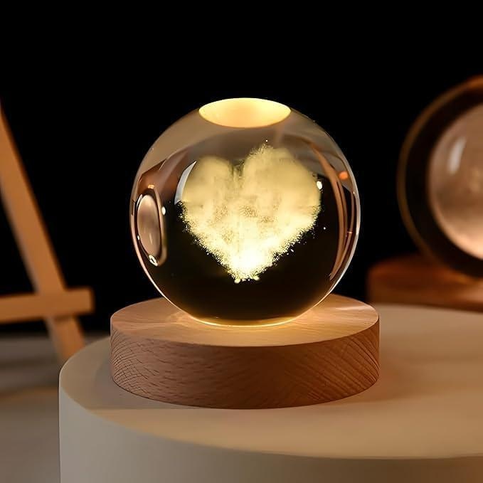 3D Crystal Ball LED Night Lamp with Wooden Base – Heart Design
