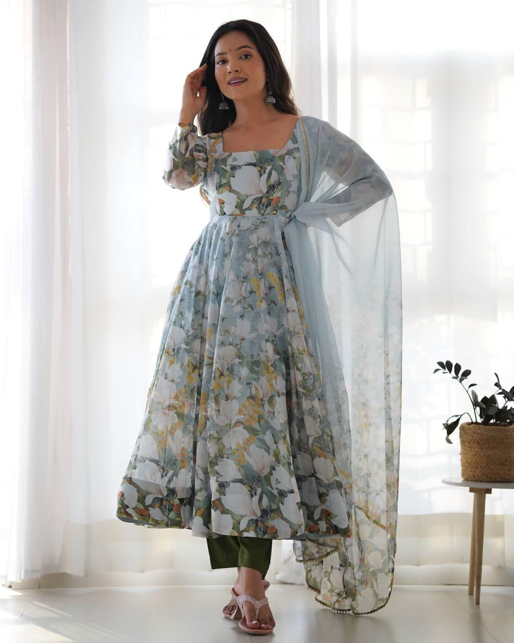 Green Pure Soft Organja Silk Floral Print Anarkali Salwar Suit