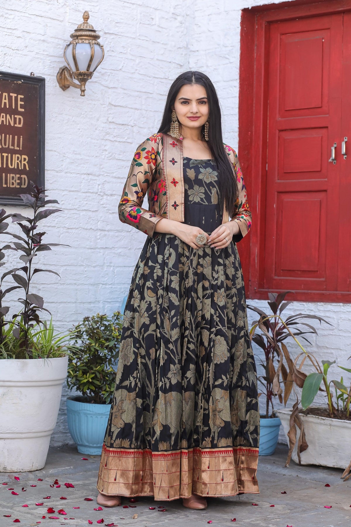 Black Stunning Ensemble Features A Vibrant Jacket Weaving Paithani Gown
