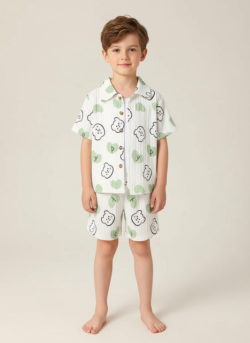 Unisex Cotton Co-ord Set with Bear & Heart Print | Summer Half Sleeve Shirt and Shorts Set |Kids Casual Shirt & Shorts | Cotton Half Sleeve Shirt & Shorts | Baby Boy Girl Co-ord Set
