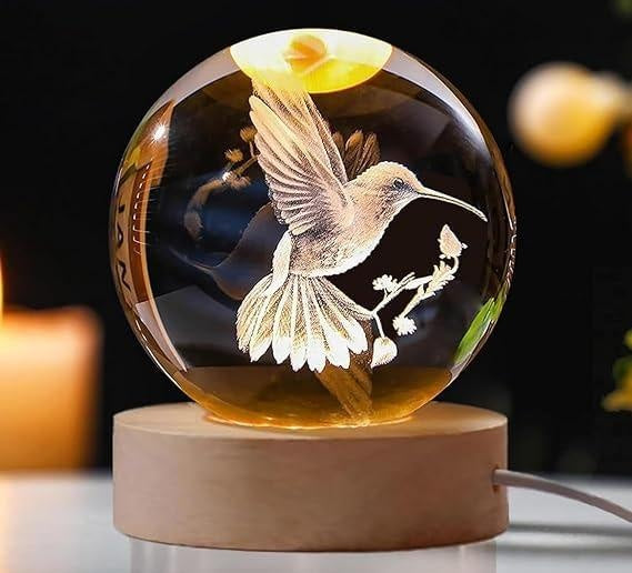 3D Crystal Ball LED Night Lamp with Wooden Base – Bird Design