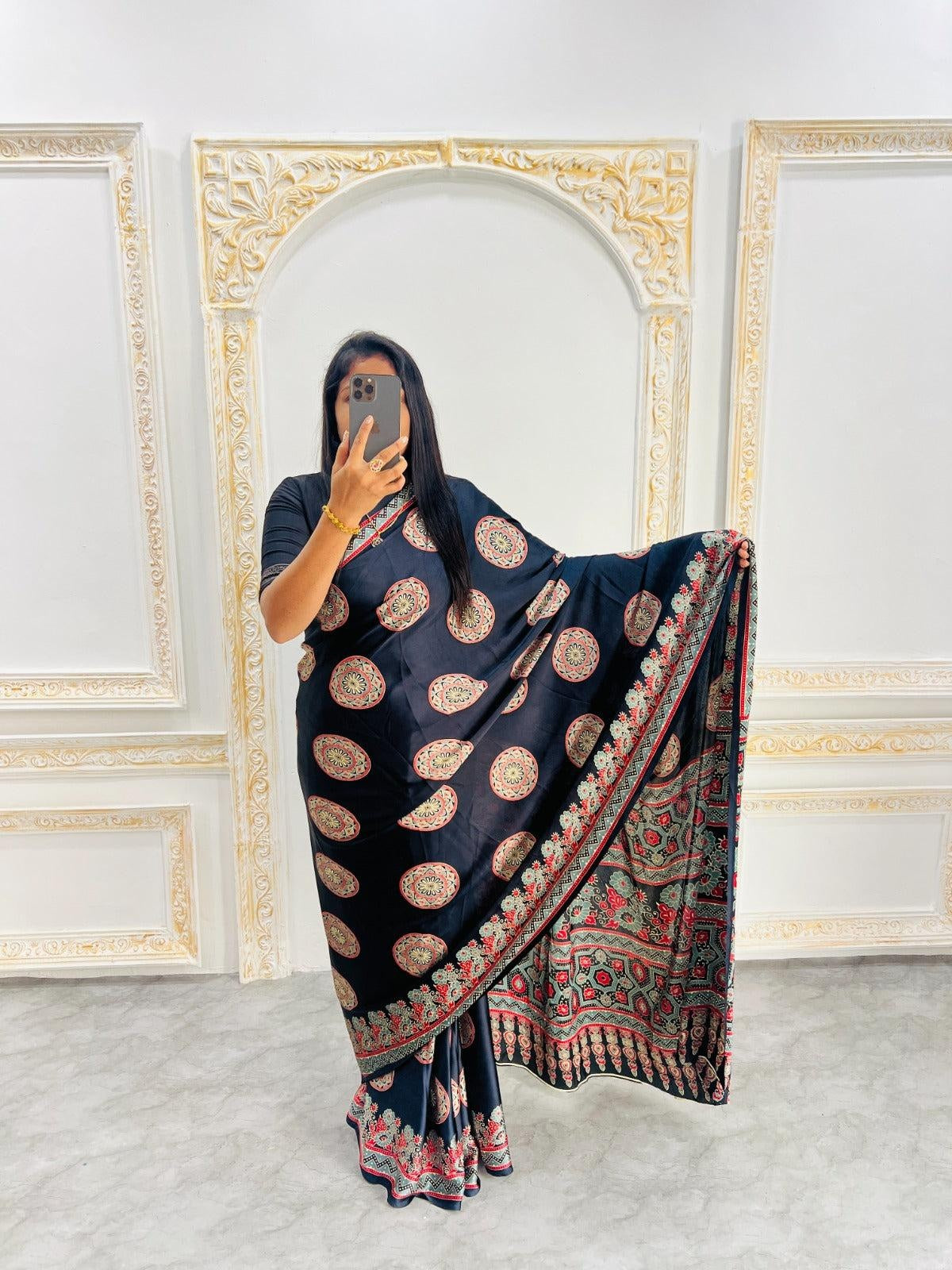 Ajrakh Printed Semi Gaji Silk Saree With Ajrakh Blouse For Women