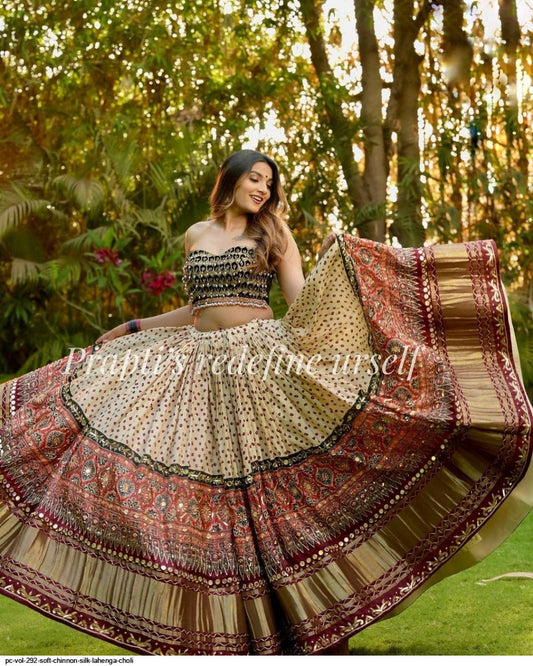 Trending Gorgeous Buy White Colored Printed With Real Mirror Work Lehenga