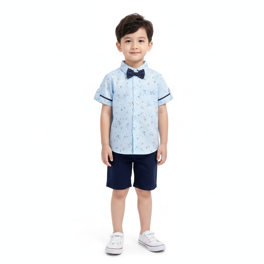 Boys Light Blue Printed Short-Sleeve Shirt with Bow Tie & Navy Shorts Set