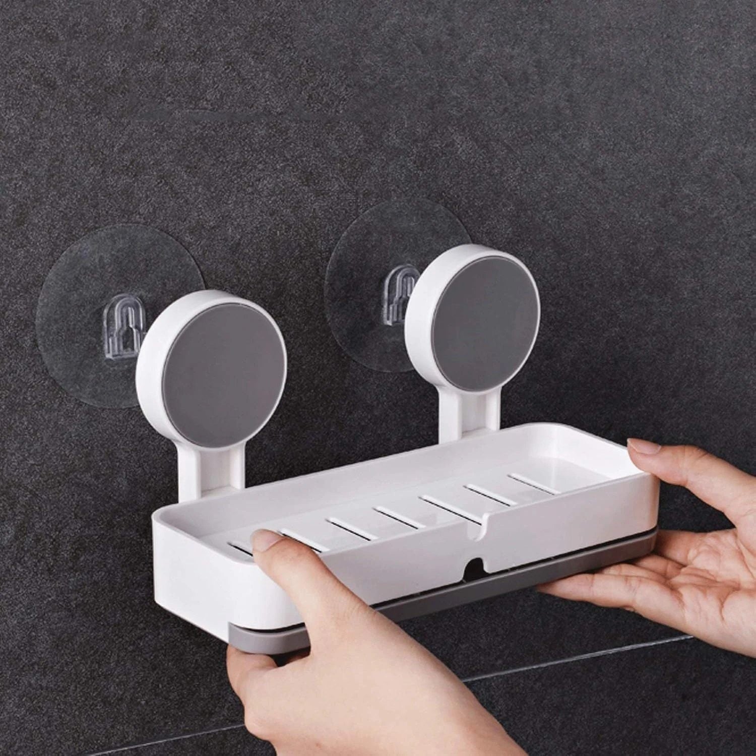 (Pack of 2) Wall Mounted Double Soap Dish Holder with Drain Tray – Self Adhesive Bathroom Soap Stand