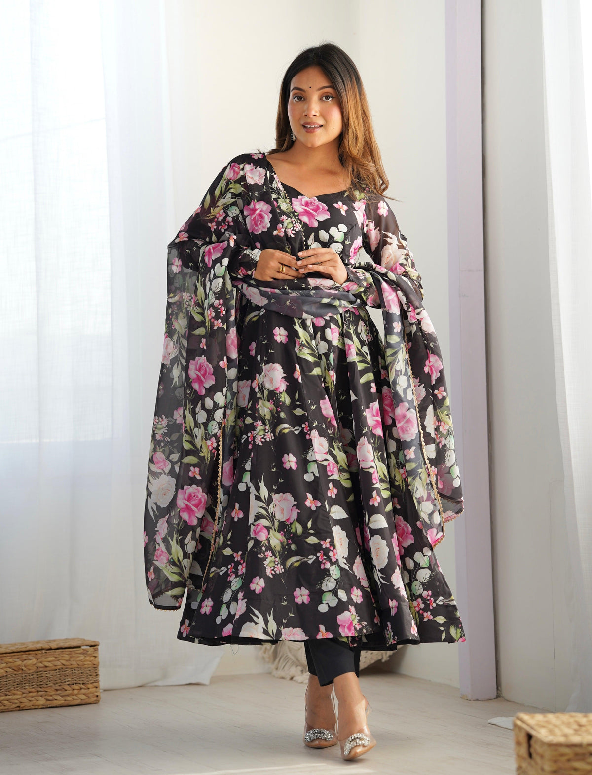Black Pure Soft Organja Silk Fabric Fully Flair Kali Pattern And Canvas Patta Salwar Suit