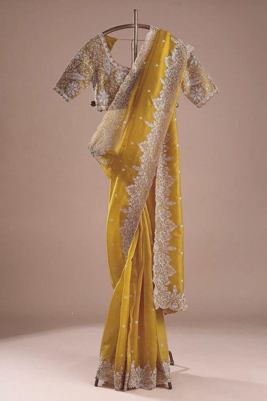 Yellow Beautiful Designer Saree on Heavy Tabby Silk Fabric with Thread & Sequence work For Women