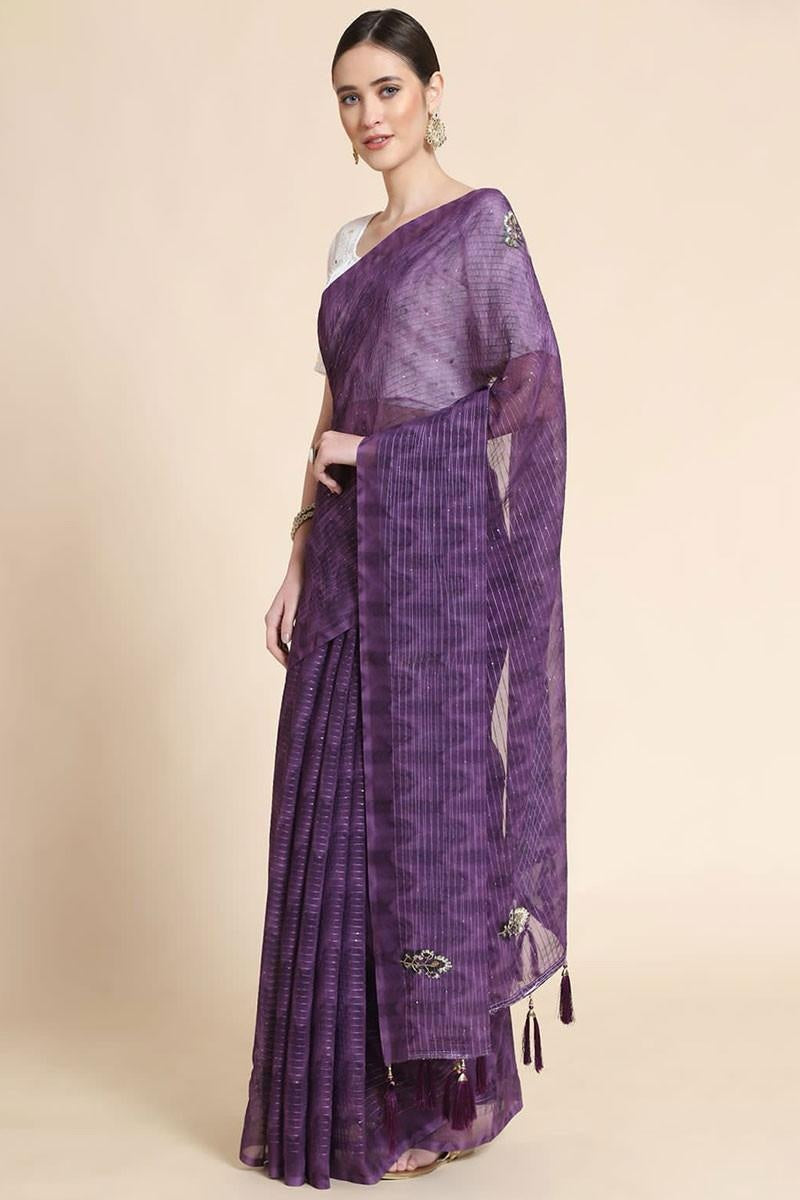 Purple Sequence Work Saree For Women