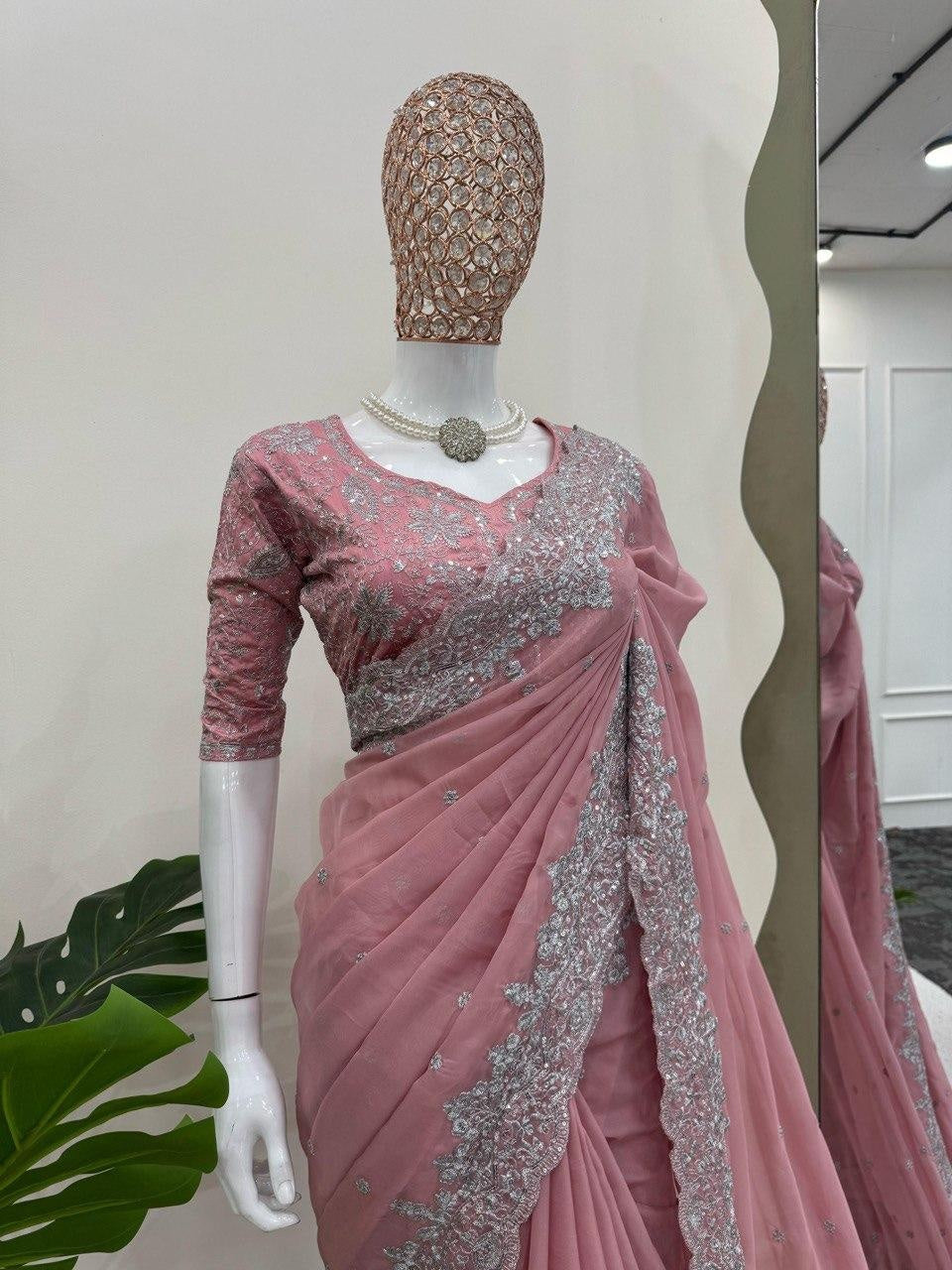 Pink Beautiful Designer Saree on Heavy Tabby Silk Fabric with Thread & Sequence work For Women