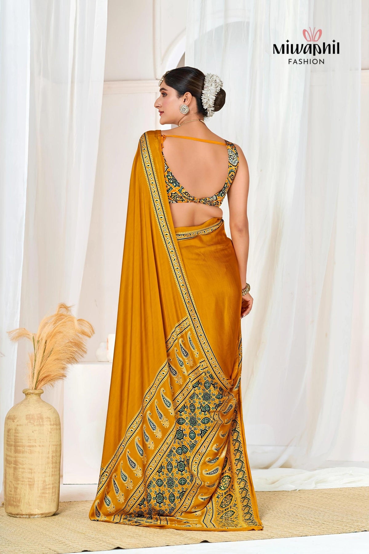 Yellow Ajrakh Printed Modal Silk Plain Saree With Ajrakh Blouse P6 For Women