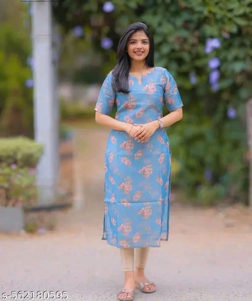 Sky Blue Soft Floral Casual Wear Kurti For Women