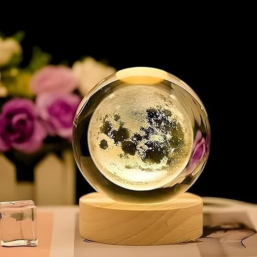 3D Crystal Ball LED Night Lamp with Wooden Base – Moon Design