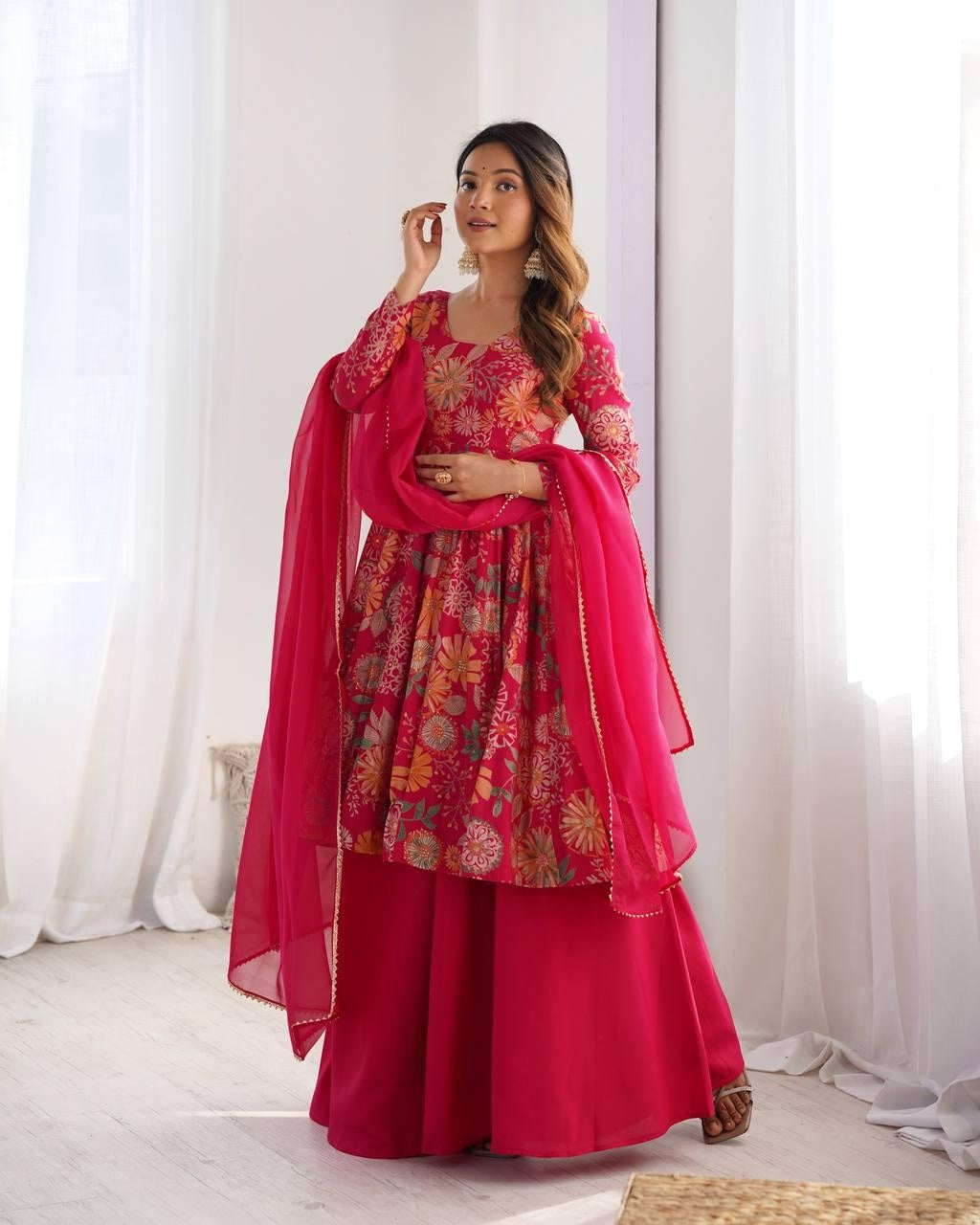 Pink Chanderi Discharge Print Fabric Fancy Lace Work Palazzo Suit Set