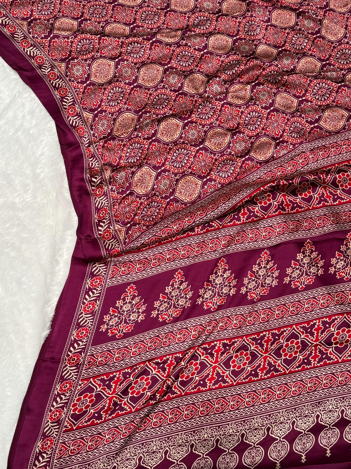 Wine Ajrakh Printed Soft Modal Silk Natural Print Saree P2 For Women