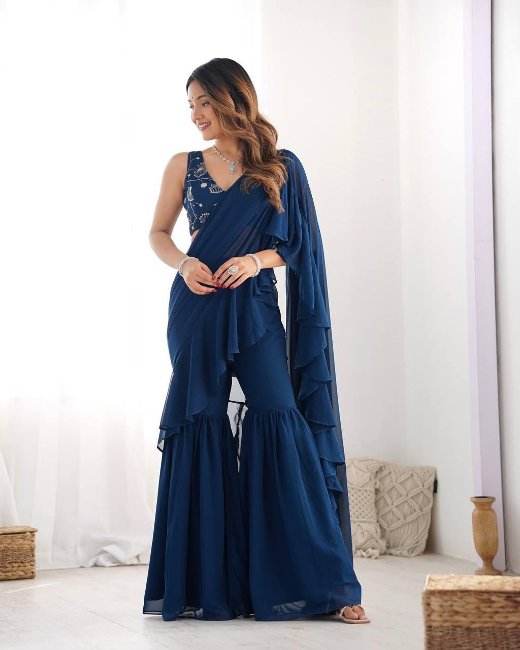 Teal Blue Pure Fox Georgette Emrboidey Jari Work Sharara Saree