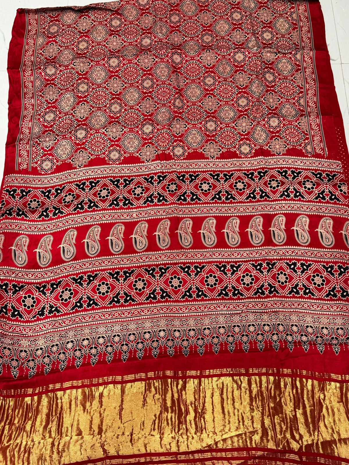 Red Ajrakh Hand Block Modal Silk Saree With Zari Pallu A2 For Women