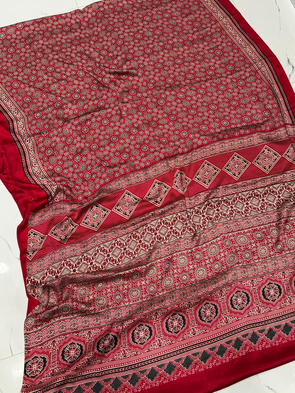 Maroon Ajrakh Printed Soft Modal Silk Natural Print Saree P1 For Women