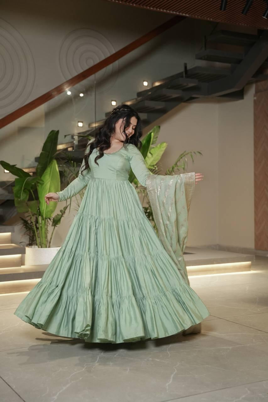 Pista Chanderi Silk Full Churidar Sleeves Lace Work Anarkali Salwar Suit