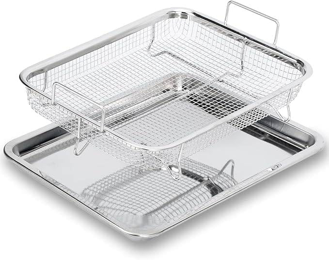 Air Fry Basket with Tray Stainless Steel Fryer Oven Accessories Baking Crispy Chicken Pan Non Stick Grill Rectangle French Fries Rack and Carbon Pan Crisper Mesh Set