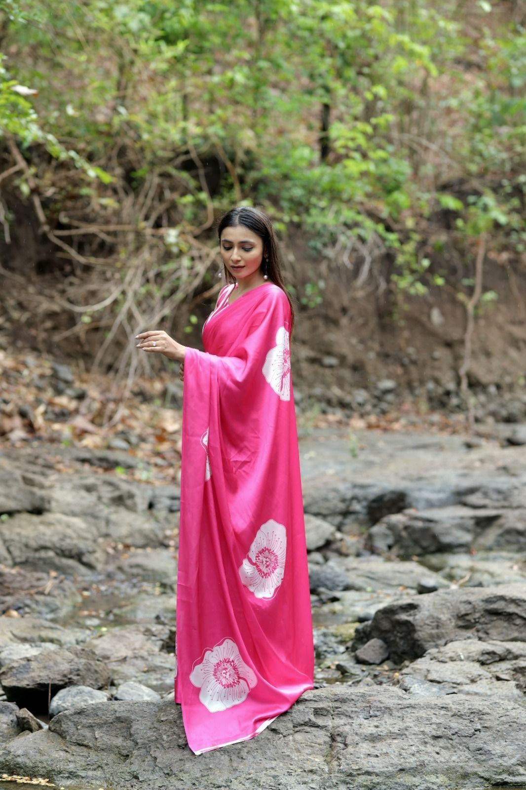 Pink Ajrakh Primum Modal Silk Saree With Blouse For Women